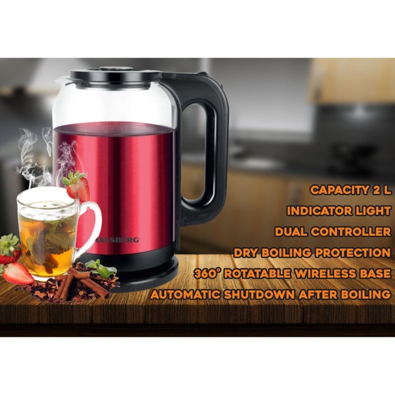 Cana electrica fierbator HAUSBERG HB-3622RS, 1500 - 1800W, capacitate 2L, oprire automata, indicator luminos, Rosu-Negru