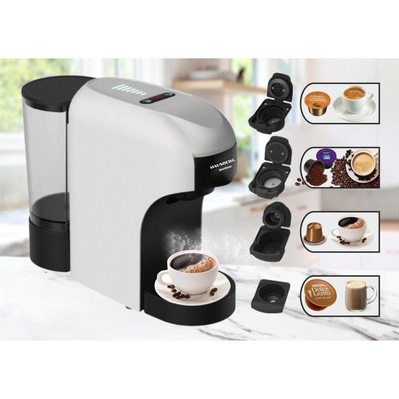 Espressor 4 in 1 Multi-Capsule HAUSBERG HB-3735AB, 1400 W, 20 bari, functie eco, capacitate rezervor 850 ml, Alb-Negru