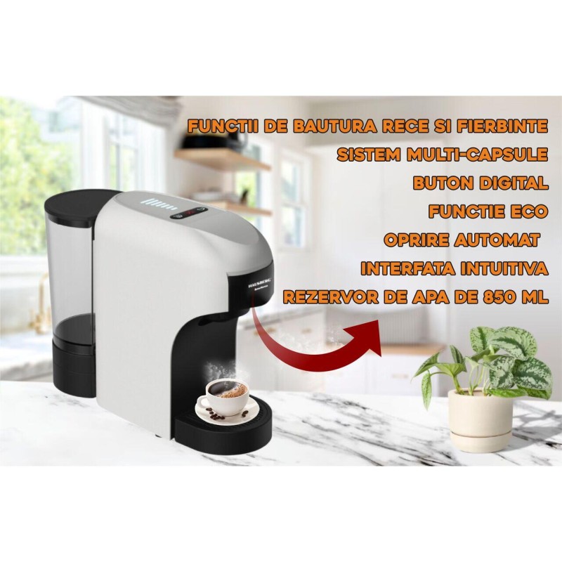 Espressor 4 in 1 Multi-Capsule HAUSBERG HB-3735AB, 1400 W, 20 bari, functie eco, capacitate rezervor 850 ml, Alb-Negru