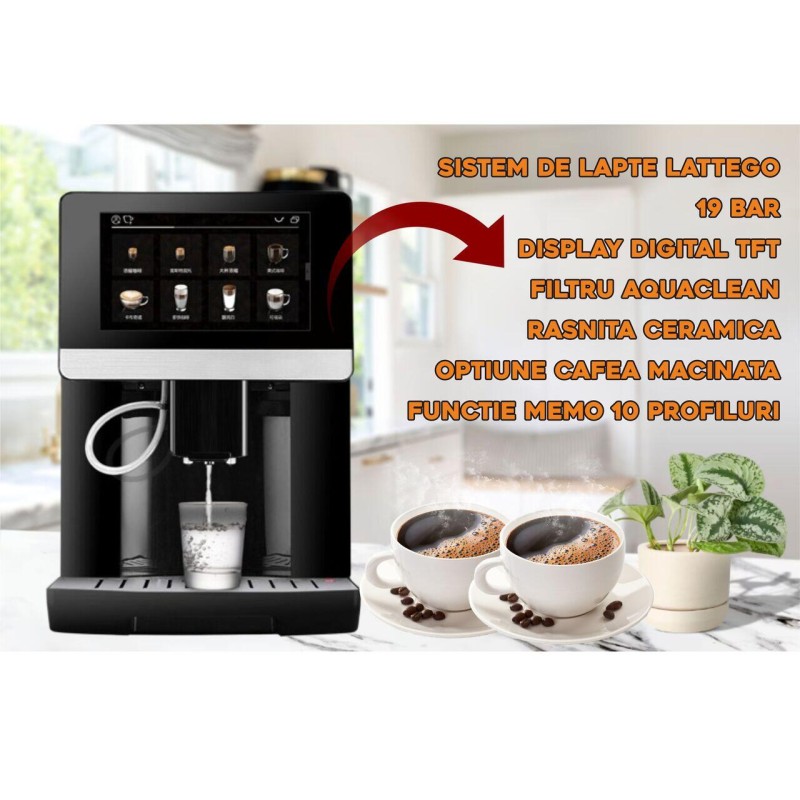 Espressor automat profesional HAUSBERG HB-3770, sistem de lapte LatteGo, 19 bauturi, 19 bar, display digital TFT, filtru AquaClean, rasnita ceramica, optiune cafea macinata, functie MEMO 10 profiluri, Negru