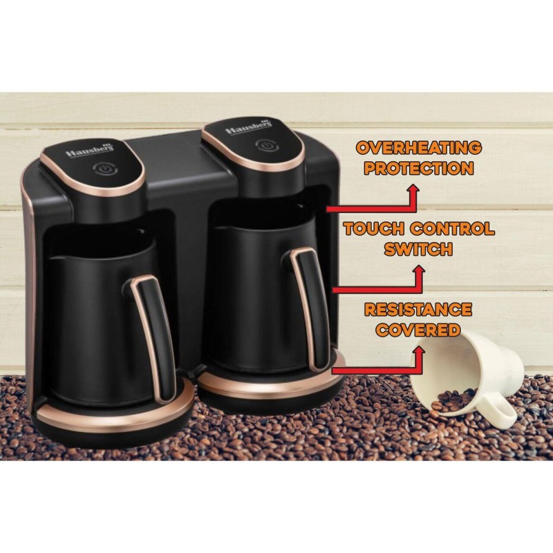 Aparat pentru preparat cafea turceasca Hausberg HB-3820AU, 2 recipiente, 400+400 W, avertizare sonora si luminoasa, Auriu/Negru