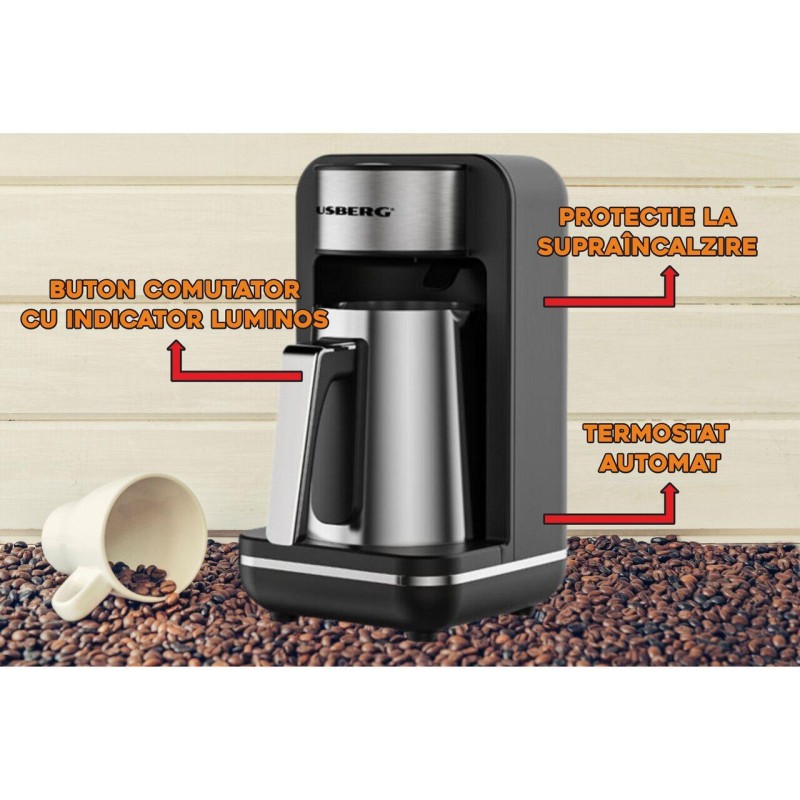 Aparat pentru preparat cafea turceasca HAUSBERG HB-3821IN, 400-500W, 250ml, protective supraincalzire, termostat, Inox-Negru
