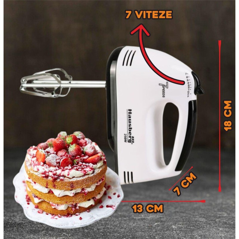 Mixer de mana, Hausberg HB-4112, Negru, 250 W, 7 viteze