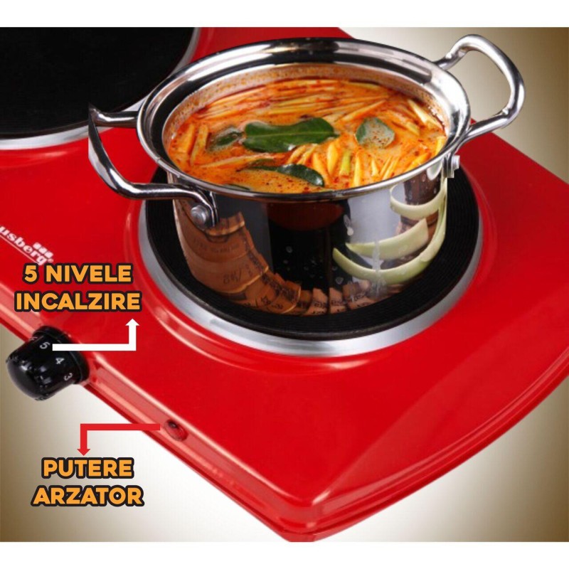 Plita Electrica Hausberg HB-520RS, 2500W ,Dotata cu 2 Butoane a Temperaturii, Rosu