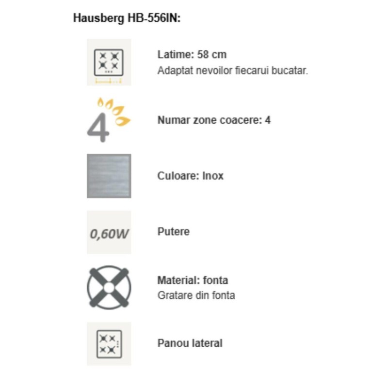 Plita incorporabila Hausberg HB-556IN, Gaz, 4 arzatoare, Sistem siguranta GAZ, Gratar din fonta, Inox
