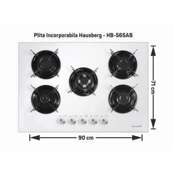 Plita Incorporabila Hausberg HB-565AB, 5 arzatoare, Gaz, Aprindere electrica, Alb