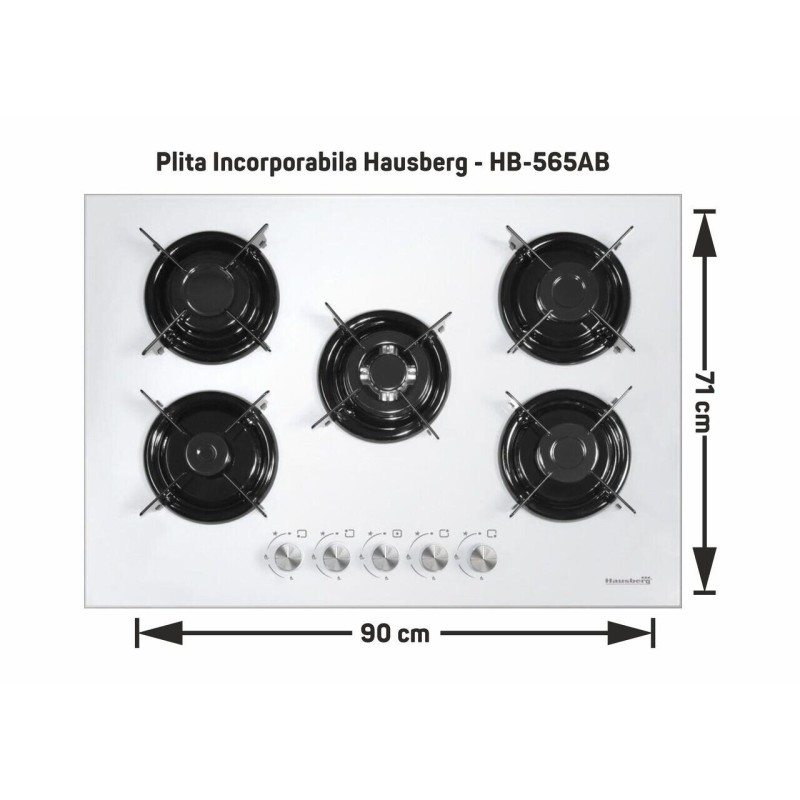 Plita Incorporabila Hausberg HB-565AB, 5 arzatoare, Gaz, Aprindere electrica, Alb