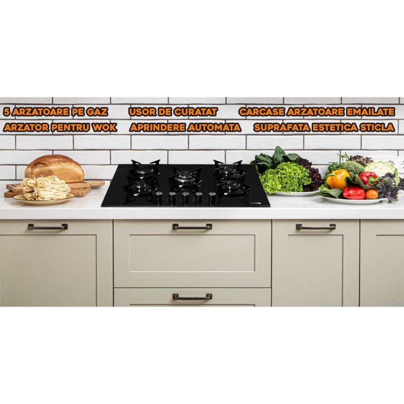 Plita incorporabila Hausberg HB-565NG, Negru, Gaz, 5 arzatoare