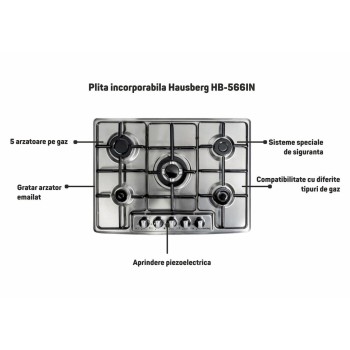 Plita incorporabila Hausberg HB-566IN, 5 arzatoare gaz, emailtat,  aprindere piezoelectrica, sistem de siguranta, Inox