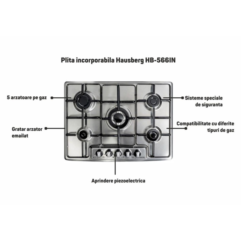 Plita incorporabila Hausberg HB-566IN, 5 arzatoare gaz, emailtat,  aprindere piezoelectrica, sistem de siguranta, Inox
