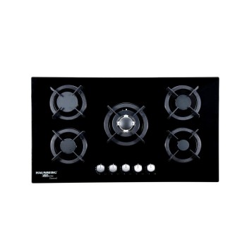 Plita incorporabila HAUSBERG HB-569NG, 4 arzatoare standard + 1 arzator WOK, gaz, suport din fonta, aprindere electrica, Negru