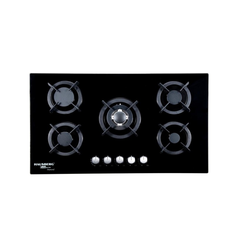 Plita incorporabila HAUSBERG HB-569NG, 4 arzatoare standard + 1 arzator WOK, gaz, suport din fonta, aprindere electrica, Negru