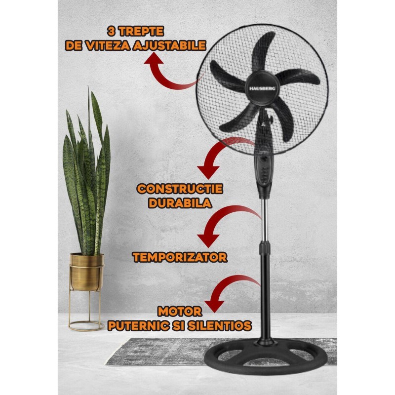 Ventilator cu picior Hausberg HB-5860NG, 55W, 3 viteze, diametru 46 cm, temporizator, negru