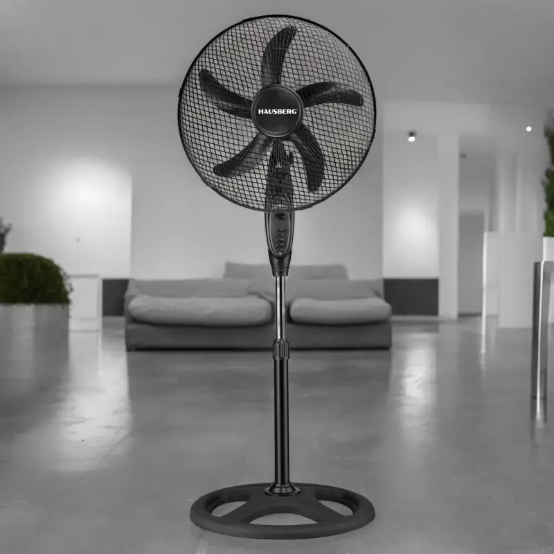 Ventilator cu picior Hausberg HB-5860NG, 55W, 3 viteze, diametru 46 cm, temporizator, negru