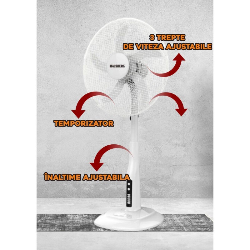 Ventilator cu picior Hausberg HB-5870AB, 55W, 46 cm, 3 viteze, temporizator 60 min, indicator LED, alb