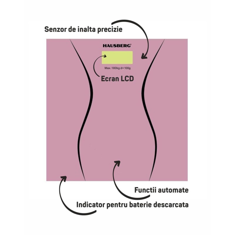 Cantar corporal HAUSBERG HB-6003RZ, 180kg, baterie cu litiu 3v, 30x30cm, Roz