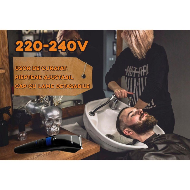 Masina de tuns Hausberg HB-66BL, Reincarcabila, Lame detasabile, Pieptene ajustabil, Albastru