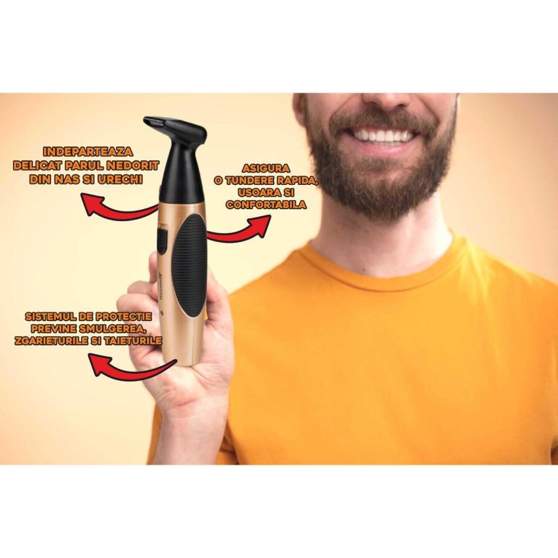 Aparat pentru tuns par nas/urechi Hausberg HB-73AU,3W, Negru/Auriu