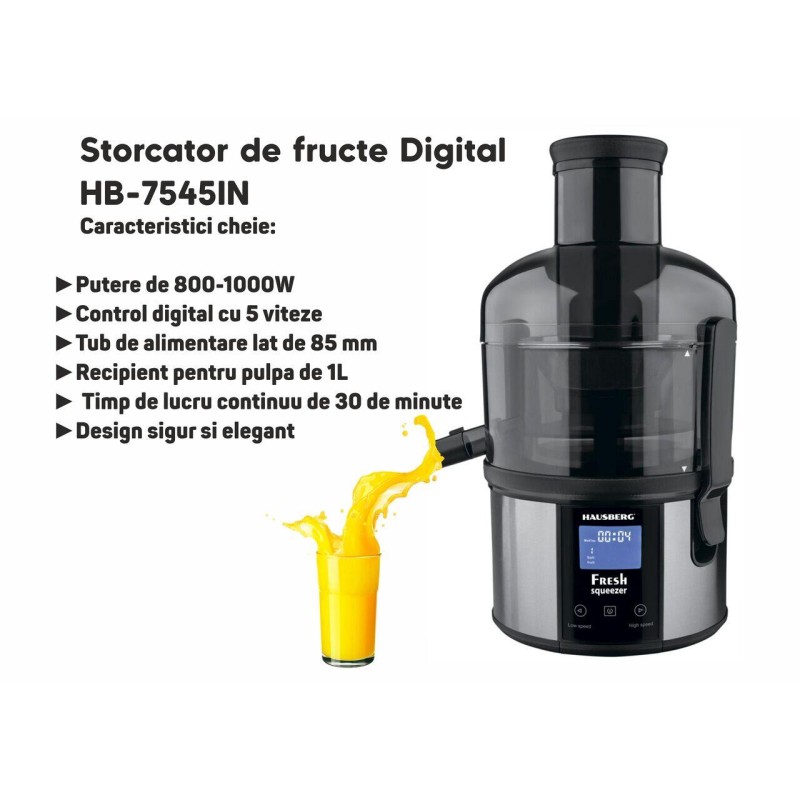 Storcator de fructe Digital HAUSBERG HB-7545IN, 800-1000W, 85mm, 1L Pulpa, 5 Viteze,  Otel inoxidabil Negru/Inox