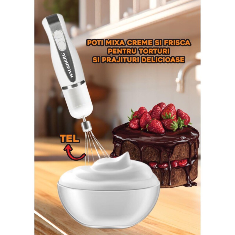 Blender 4 in 1, Hausberg HB-7666AB, 2 viteze, motor cupru, lama din inox, 350W, Alb