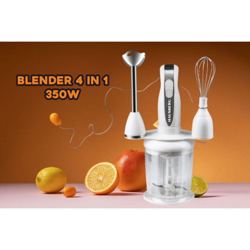 Blender 4 in 1, Hausberg HB-7666AB, 2 viteze, motor cupru, lama din inox, 350W, Alb