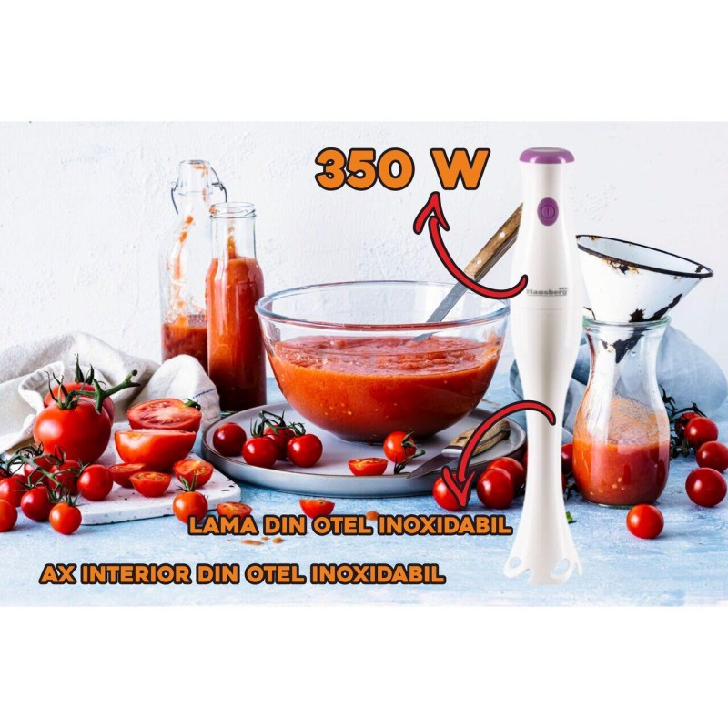 Blender de mana Hausberg HB-7669AB, 350 W, Lama din otel inoxidabil, Ax interior din otel inoxidabil, Alb