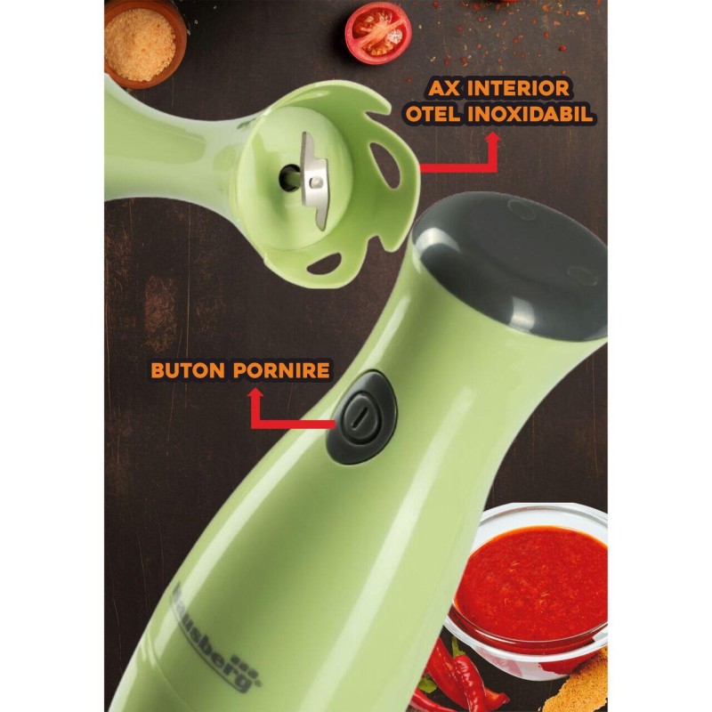 Blender de mana Hausberg HB-7669VR, 350 W, Lama din otel inoxidabil, Ax interior din otel inoxidabil, Verde
