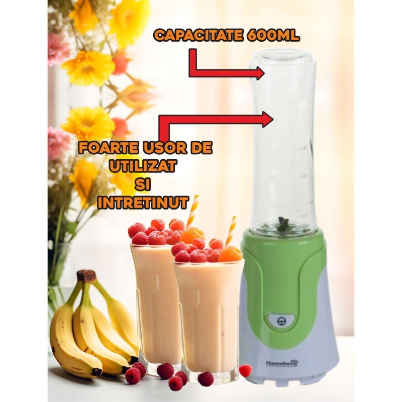 Blender Smoothie ,Hausberg HB-7676VR, Putere 300W, Capacitate 600ml, motor de cupru, Verde