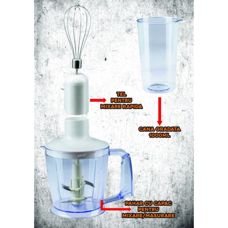 Blender de mana profesional, Hausberg HB-7700AB, 4 in 1, Cana 1000ml, Tel, Tocator, putere 1000 w, Alb