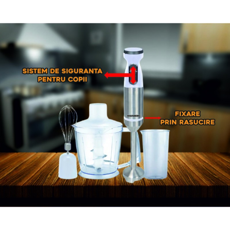 Blender de mana profesional, Hausberg HB-7700AB, 4 in 1, Cana 1000ml, Tel, Tocator, putere 1000 w, Alb