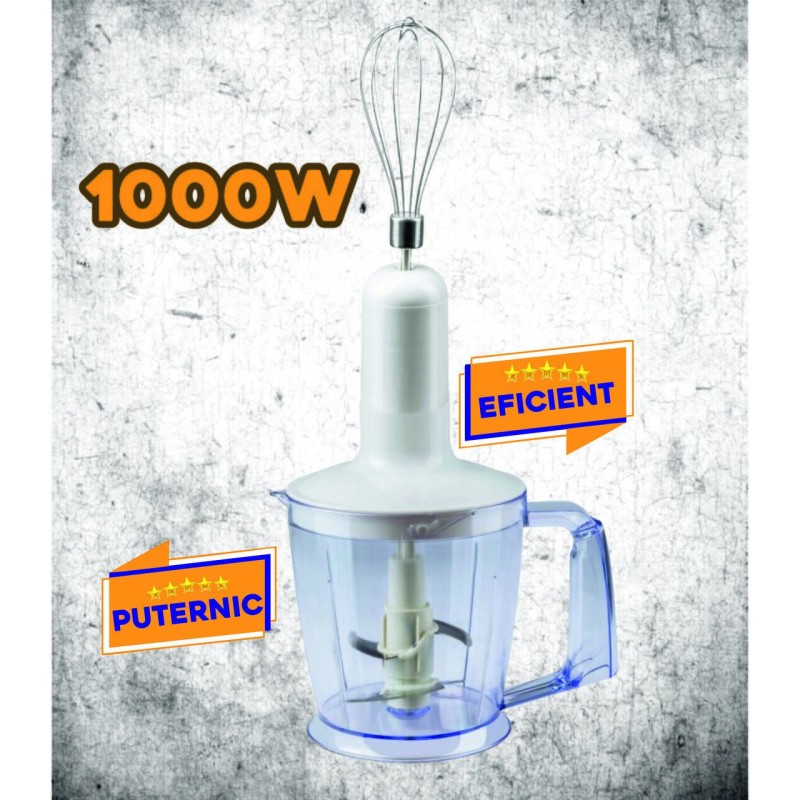 Blender de mana profesional, Hausberg HB-7700AB, 4 in 1, Cana 1000ml, Tel, Tocator, putere 1000 w, Alb
