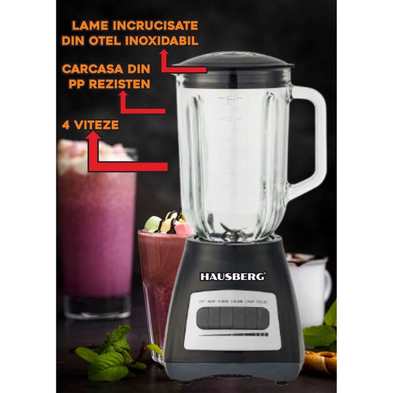Blender cu rasnita HAUSBERG HB-7772NG, 400-500W, Capacitate 1.5L, Bol din Sticla, 4 Viteze, Lame din Inox, Negru