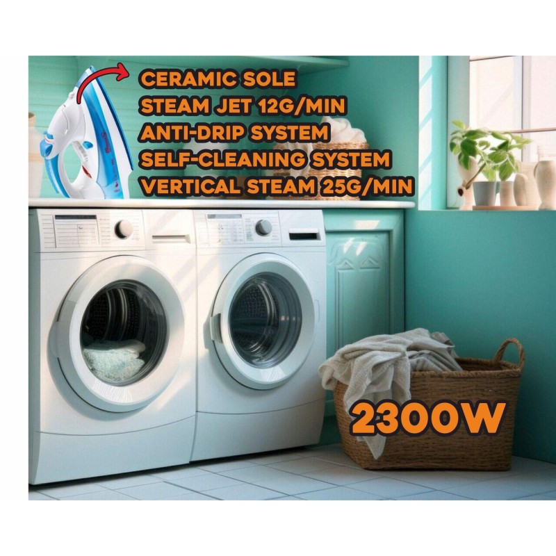 Fier de calcat Hausberg HB-7805BL, 2300W, 165ml, talpa ceramica, jet abur 12g/min, abur verticala 25g/min, sistem antipicurare, sistem autocuratare, Alb/Bleu