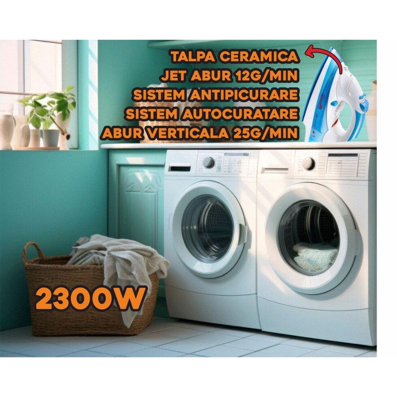 Fier de calcat Hausberg HB-7805BL, 2300W, 165ml, talpa ceramica, jet abur 12g/min, abur verticala 25g/min, sistem antipicurare, sistem autocuratare, Alb/Bleu