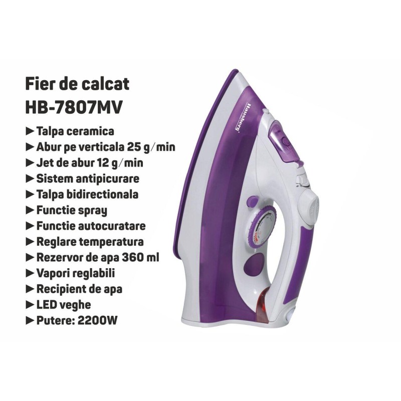 Fier de calcat Hausberg HB-7807MV, talpa ceramica, jet de abur 12g/min, abur pe verticala 25g/min, sistem antipicurare, sistem autocuratare, 2200W, Mov