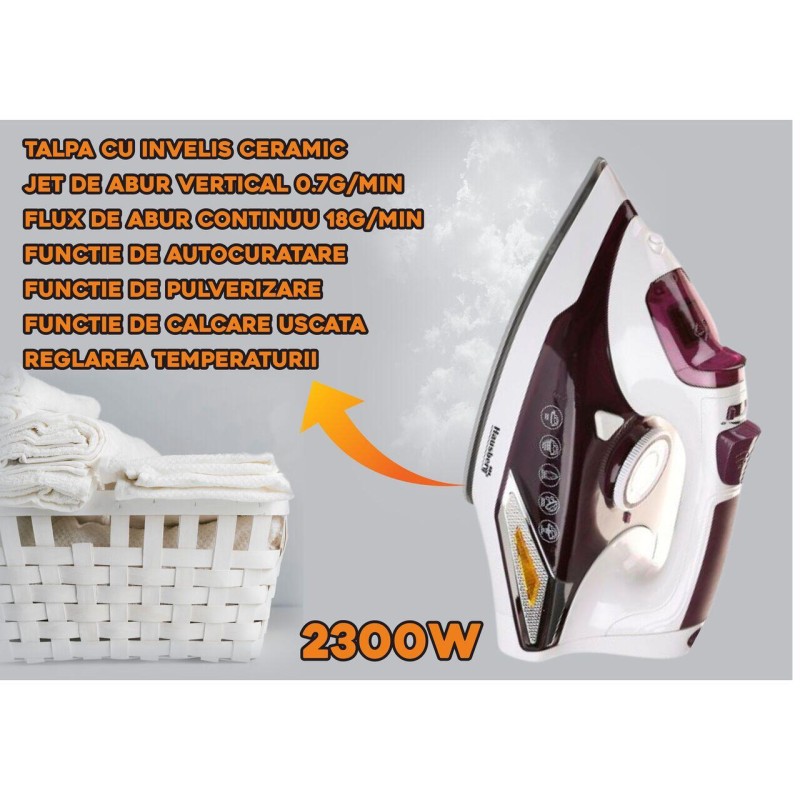 Fier de calcat Hausberg HB-7880MV, 2300W, Talpa cu invelis ceramic, rezervor apa 400ml, Alb-Mov