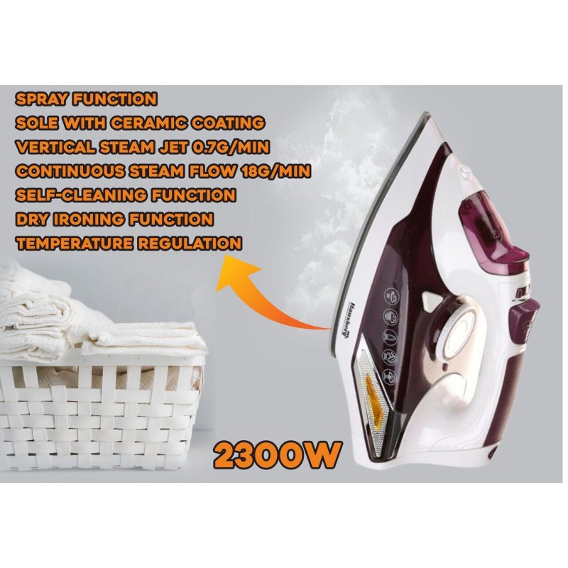 Fier de calcat Hausberg HB-7880MV, 2300W, Talpa cu invelis ceramic, rezervor apa 400ml, Alb-Mov