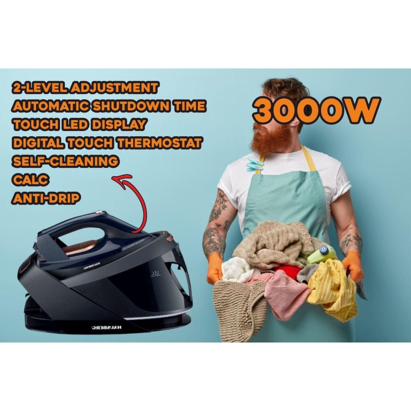 Statie de calcat HAUSBERG HB-7925NG, 3000W, 40-50g/min, 1.5l, auto-curatare, termostat, talpa ceramica, negru