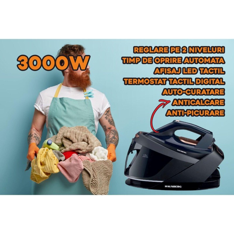 Statie de calcat HAUSBERG HB-7925NG, 3000W, 40-50g/min, 1.5l, auto-curatare, termostat, talpa ceramica, negru