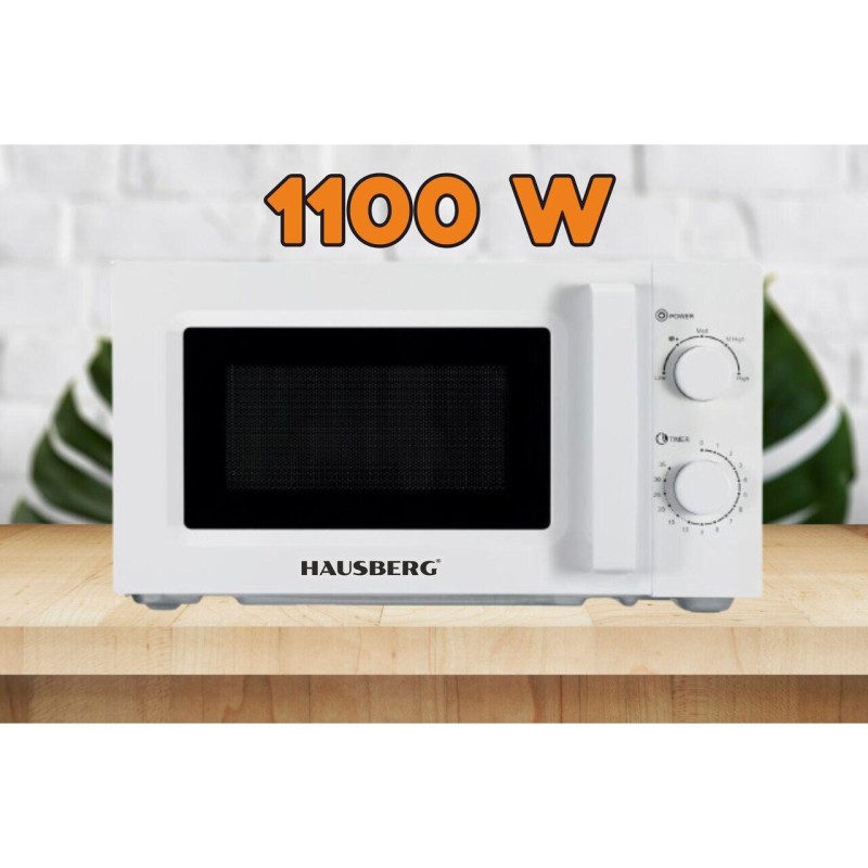 Cuptor cu microunde HAUSBERG HB-8008AB, 20 litri, intrare 1100 W, iesire 700 W, 5 nivele de putere, control mecanic, termostat, timer 35 minute, functie dezghetare, lumina interioara, semnal sonor de terminare a programului, Alb