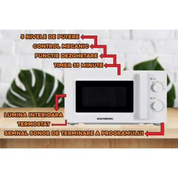 Cuptor cu microunde HAUSBERG HB-8008AB, 20 litri, intrare 1100 W, iesire 700 W, 5 nivele de putere, control mecanic, termostat, timer 35 minute, functie dezghetare, lumina interioara, semnal sonor de terminare a programului, Alb