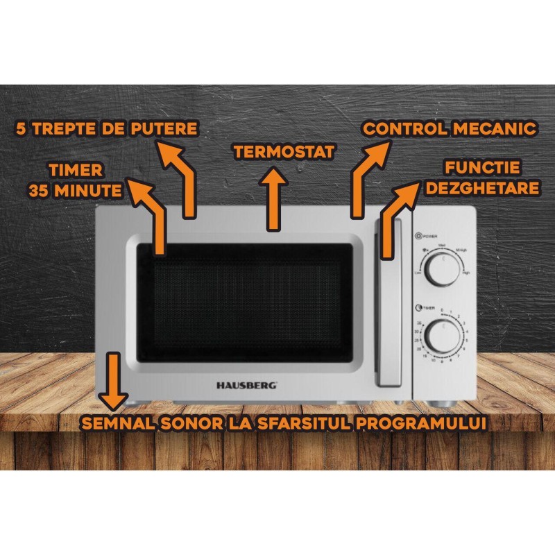 Cuptor cu microunde HAUSBERG HB-8008GR, 20 litri, intrare 1100 W, iesire 700 W, 5 nivele de putere, control mecanic, termostat, timer 35 minute, functie dezghetare, lumina interioara, semnal sonor de terminare a programului, Gri