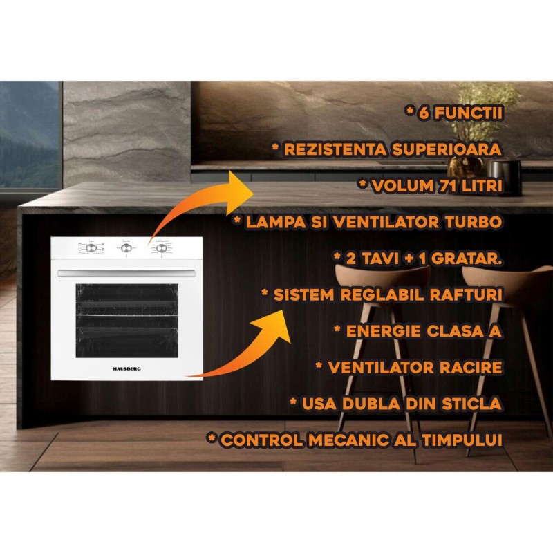 Cuptor incorporabil Hausberg HB-8053AB, Electric, Putere 2225 W, 71 l, 8 Functii, Ventilatie, Timer, Clasa A, Alb