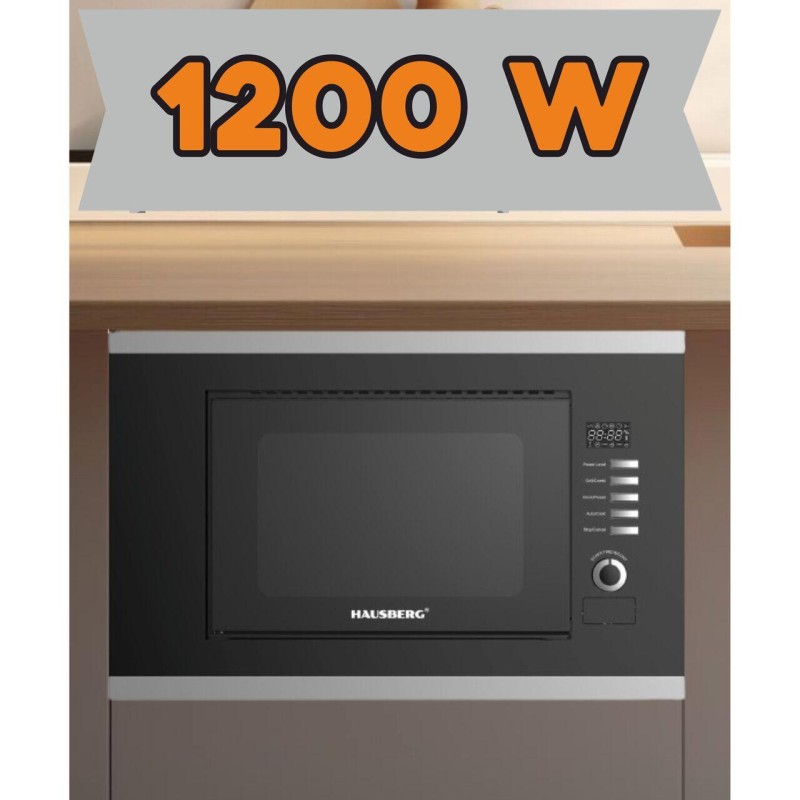 Cuptor cu microunde incorporabil HAUSBERG HB-8065NG, 20 litri, 1200 W, 6 nivele de putere, 8 programe automate, control mecanic, decongelare, timer, sistem blocare copii, negru