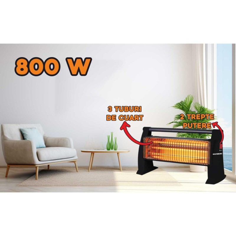 Radiator quartz HAUSBERG HB-8101, 800 W, 3 tuburi, 2 trepte de putere, Negru