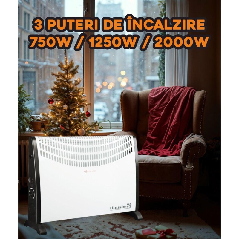 Convector electric podea/perete Hausberg HB 8191, 2000 W, 3 nivele de putere, termostat reglabil