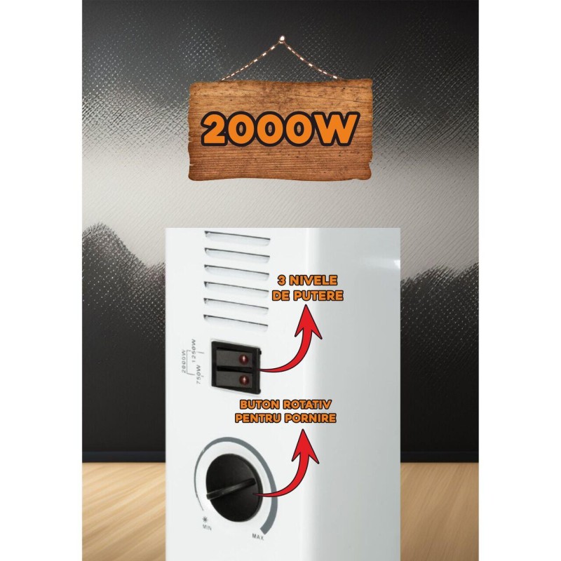 Convector electric Hausberg HB-8200, 2000 W, 3 nivele de putere, termostat reglabil