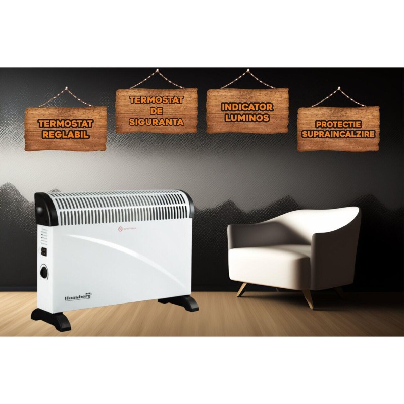 Convector electric Hausberg HB-8200, 2000 W, 3 nivele de putere, termostat reglabil