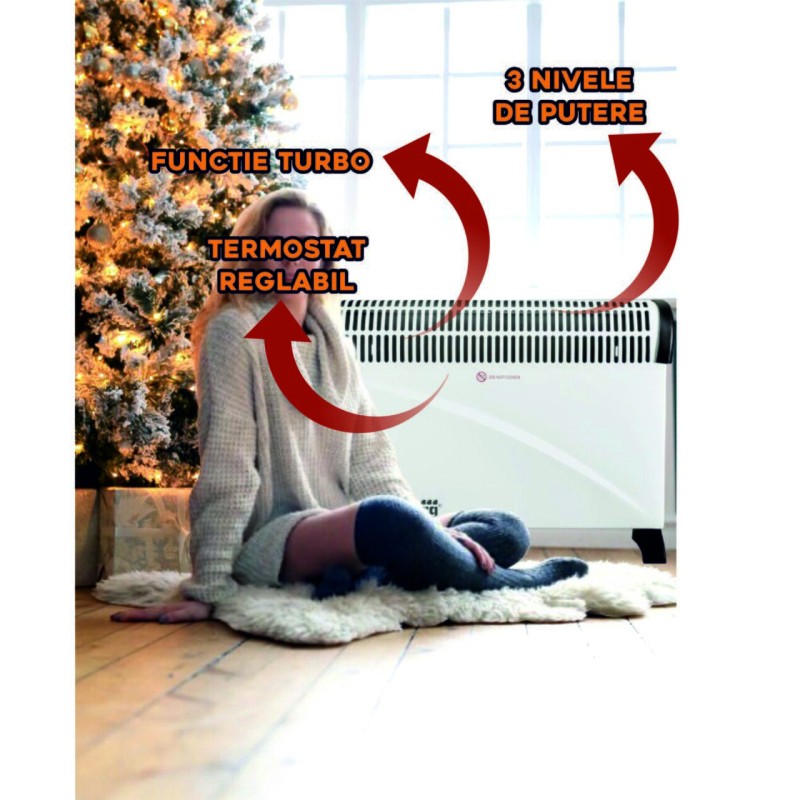 Convector electric Hausberg HB 8201, 2000 W, 3 nivele de putere, termostat reglabil, functie turbo