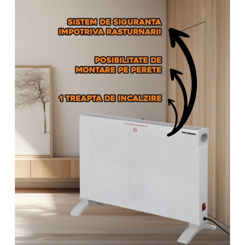 Convector electric Hausberg HB-8203, 2000W, 1 treapta putere, Siguranta impotriva rasturnarii, Alb